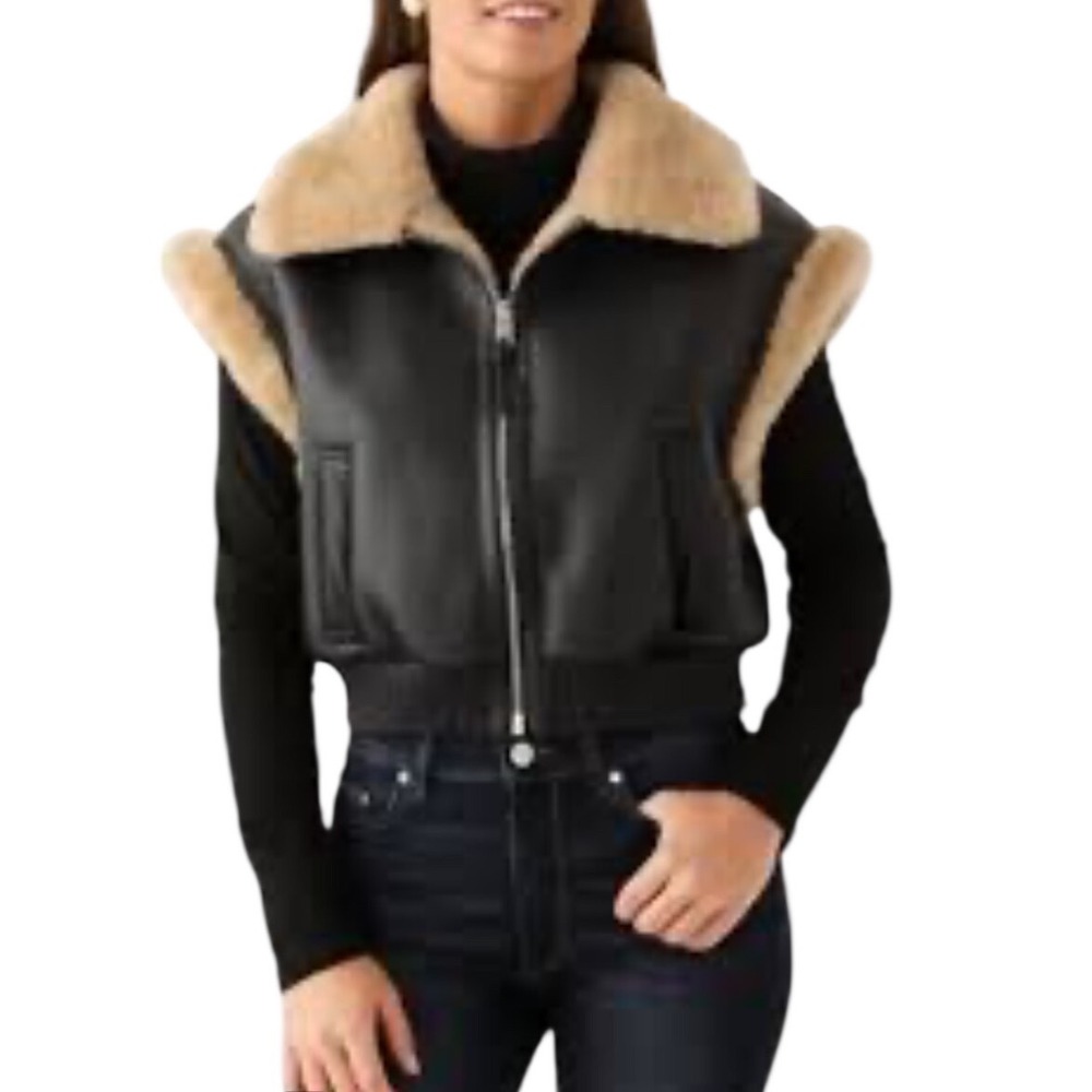 Jason Wu Faux Leather Shearling Bomber Vest S Black Tan Cropped Moto